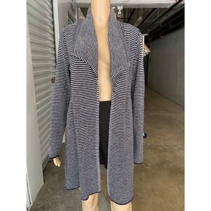 J. JILL Wearever Collection Open Front Knit Cardigan Duster Blue White Striped